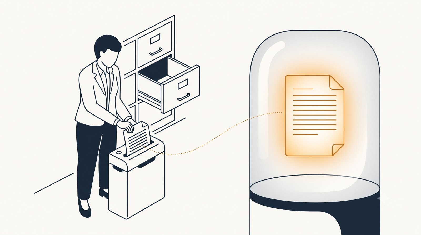 A person shreds a paper record beside an empty filing drawer, while an amber thread carries a copy of it across to a document still glowing inside a sealed dome, the copy the AI kept after the original was deleted.
